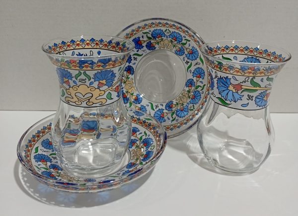 Turkuaz Karanfil & Yaldız Desenli Çay Bardak Takımı