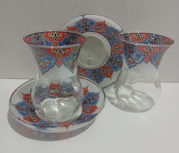 Kırmızı & Turkuaz Desenli Çay Bardak Takımı