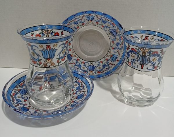 Turkuaz Çiçek Şerit Desenli Çay Bardak Takımı