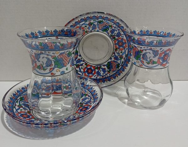 Kırmızı Mavi Çiçek Desenli Çay Bardak Takımı