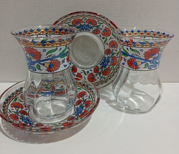 Kırmızı Karanfil Desenli Çay Bardak Takımı