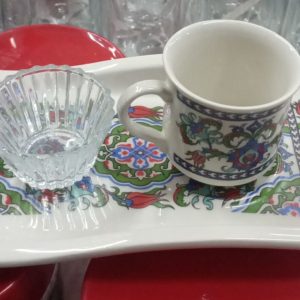 Kırmızı Lale Mavi Yeşil Çiçek Desenli Tekli Kahve Sunum Takımı