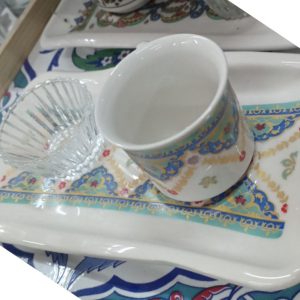 Turkuaz Sarı Mavi Dekor Desenli Tekli Kahve Sunum Takımı