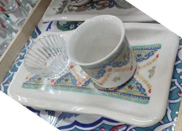 Turkuaz Sarı Mavi Dekor Desenli Tekli Kahve Sunum Takımı