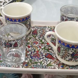 Kırmızı-Siyah Lale Mavi Şerit Desenli Kahve Sunum Takımı