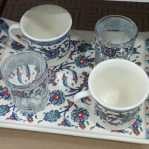 Turkuaz Çiçek ve Şerit Desenli Kahve Sunum Takımı