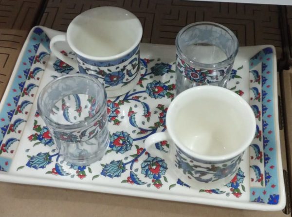 Turkuaz Çiçek ve Şerit Desenli Kahve Sunum Takımı