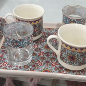 Turkuaz Gövde Yaldız Şerit Desenli Kahve Sunum Takımı